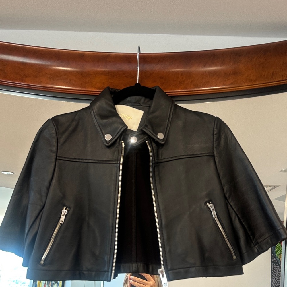 Maje Black Brittany Cropped Leather Moto Jacket with Silver Hardware size 36